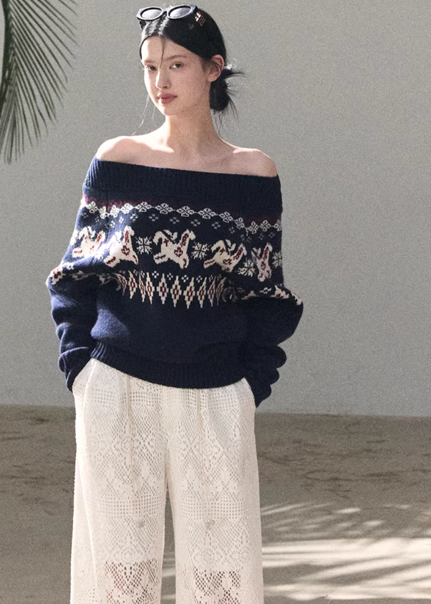 OAKMOO knit sweater, Fair Isle sweater women, Korean wool sweater, off shoulder knit top, winter knit sweater women, gold thread knit, OAKMOO winter top, Korean aesthetic sweater, soft luxury knitwear, Fair Isle pattern sweater, elegant casual winter top