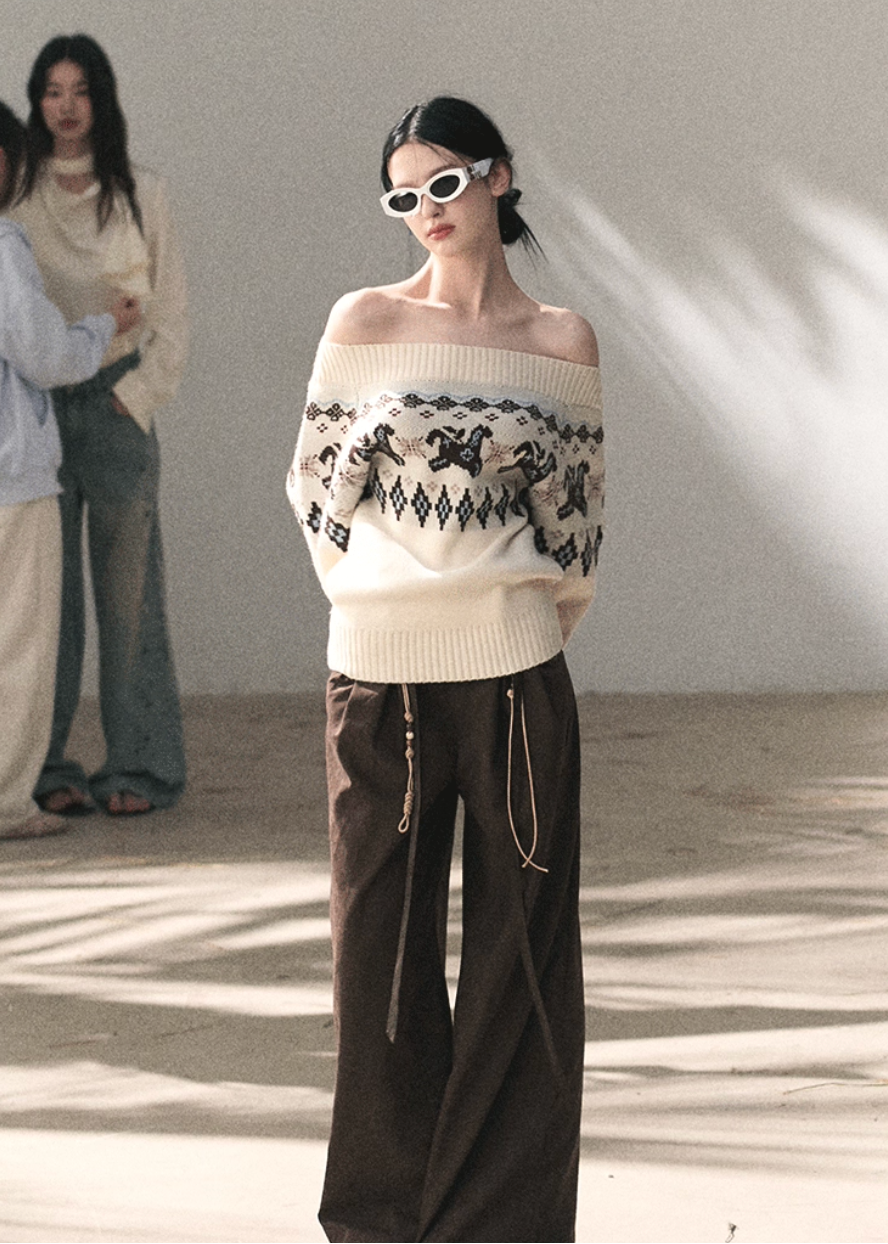 OAKMOO knit sweater, Fair Isle sweater women, Korean wool sweater, off shoulder knit top, winter knit sweater women, gold thread knit, OAKMOO winter top, Korean aesthetic sweater, soft luxury knitwear, Fair Isle pattern sweater, elegant casual winter top