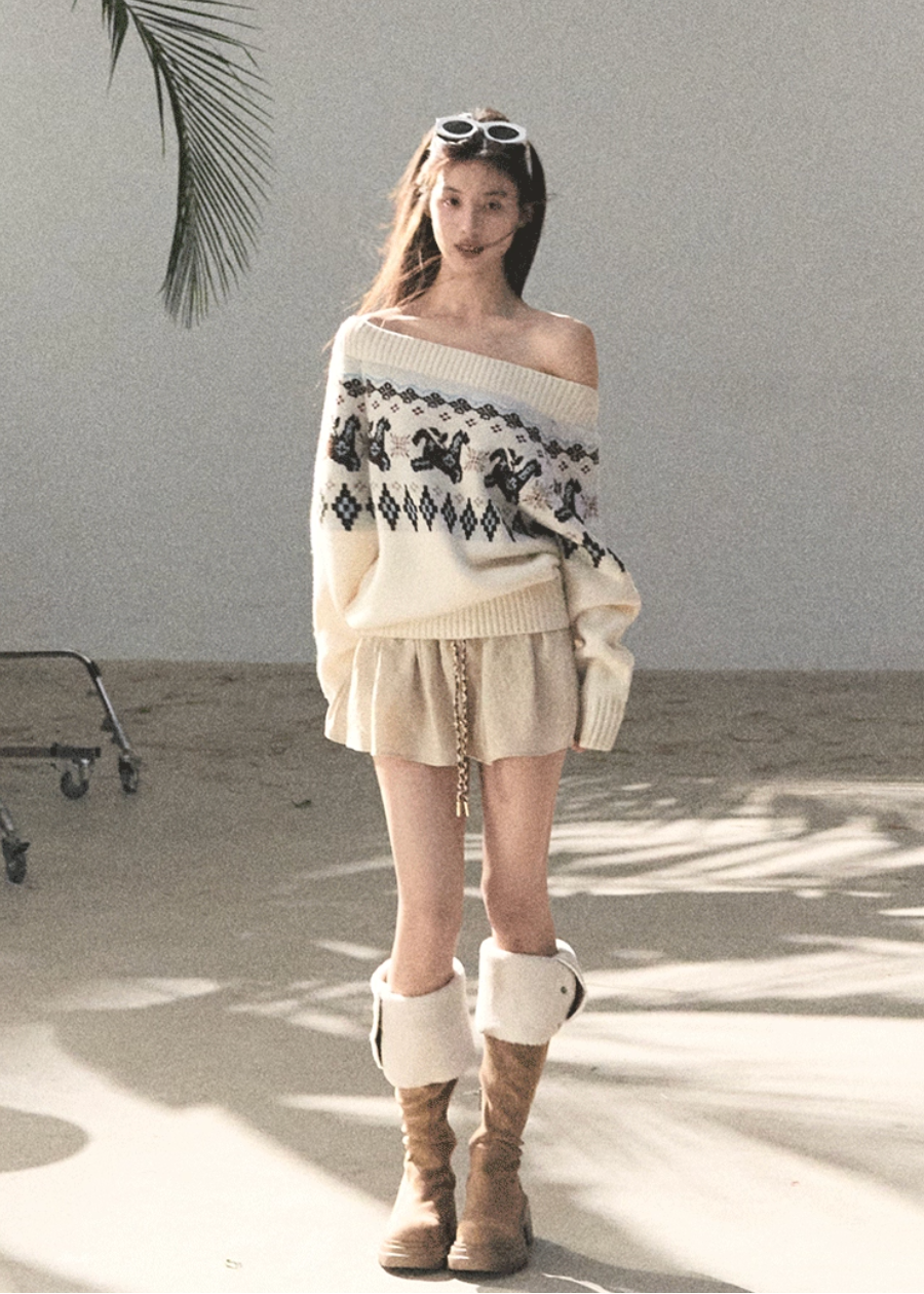 OAKMOO knit sweater, Fair Isle sweater women, Korean wool sweater, off shoulder knit top, winter knit sweater women, gold thread knit, OAKMOO winter top, Korean aesthetic sweater, soft luxury knitwear, Fair Isle pattern sweater, elegant casual winter top