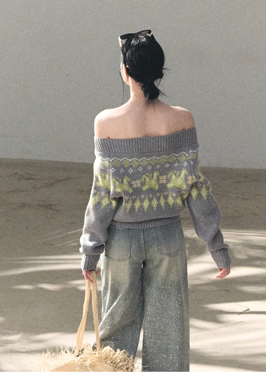 OAKMOO knit sweater, Fair Isle sweater women, Korean wool sweater, off shoulder knit top, winter knit sweater women, gold thread knit, OAKMOO winter top, Korean aesthetic sweater, soft luxury knitwear, Fair Isle pattern sweater, elegant casual winter top