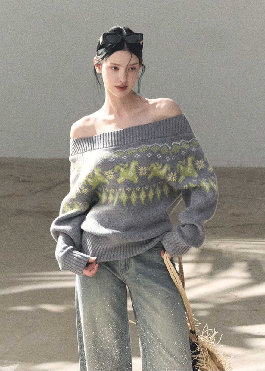 OAKMOO knit sweater, Fair Isle sweater women, Korean wool sweater, off shoulder knit top, winter knit sweater women, gold thread knit, OAKMOO winter top, Korean aesthetic sweater, soft luxury knitwear, Fair Isle pattern sweater, elegant casual winter top