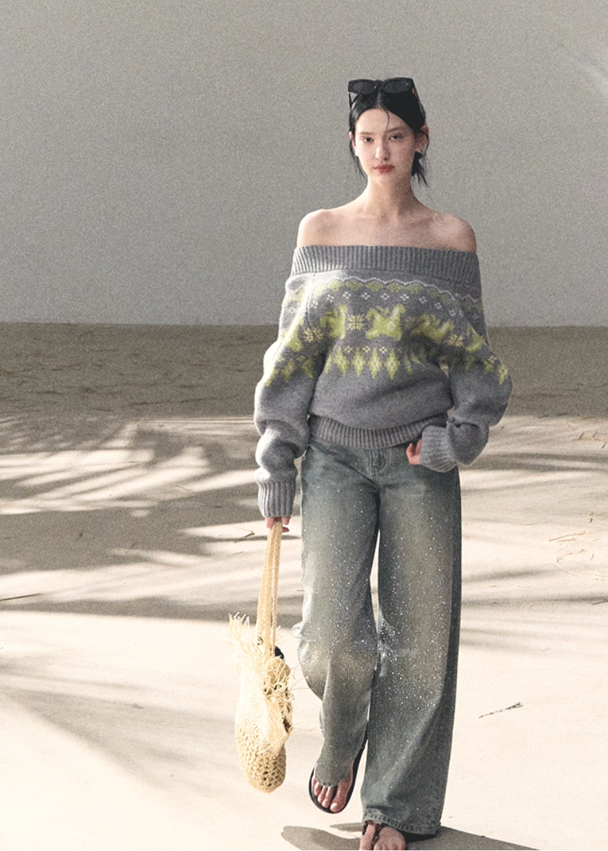 OAKMOO knit sweater, Fair Isle sweater women, Korean wool sweater, off shoulder knit top, winter knit sweater women, gold thread knit, OAKMOO winter top, Korean aesthetic sweater, soft luxury knitwear, Fair Isle pattern sweater, elegant casual winter top