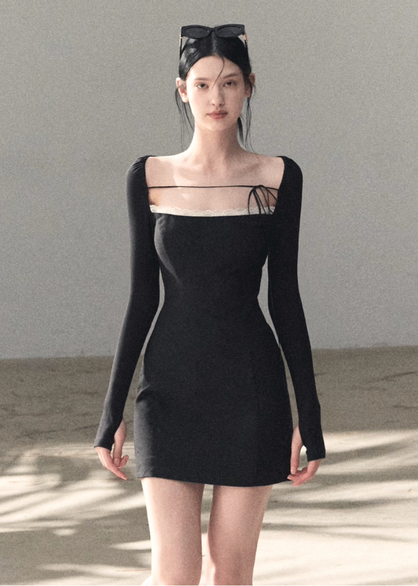 OAKMOO dress, Korean off shoulder dress, waist cinched dress women, lace detail dress, slim fit long sleeve dress, Korean feminine dress, minimalist sexy dress, OAKMOO winter dress, elegant knit dress women, off shoulder black dress, Korean aesthetic clothing