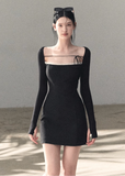 OAKMOO dress, Korean off shoulder dress, waist cinched dress women, lace detail dress, slim fit long sleeve dress, Korean feminine dress, minimalist sexy dress, OAKMOO winter dress, elegant knit dress women, off shoulder black dress, Korean aesthetic clothing