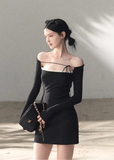 OAKMOO dress, Korean off shoulder dress, waist cinched dress women, lace detail dress, slim fit long sleeve dress, Korean feminine dress, minimalist sexy dress, OAKMOO winter dress, elegant knit dress women, off shoulder black dress, Korean aesthetic clothing