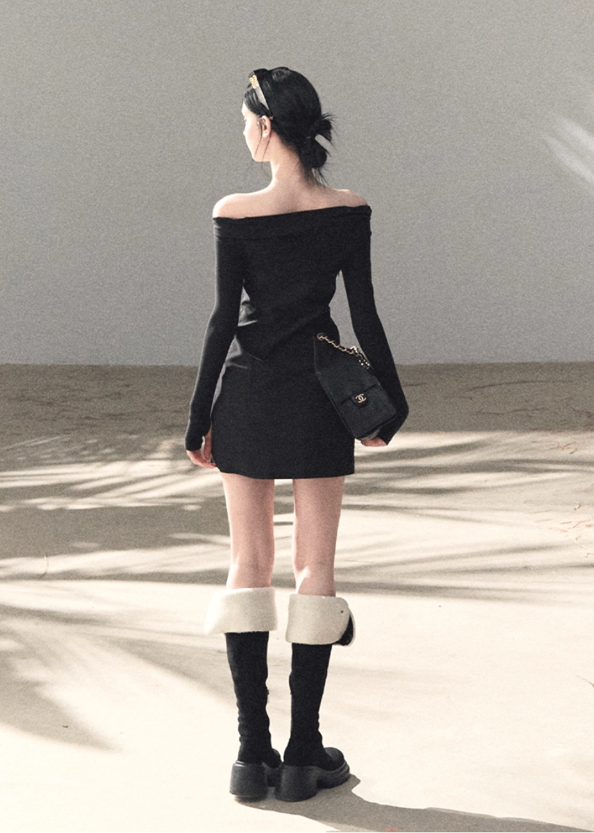 OAKMOO dress, Korean off shoulder dress, waist cinched dress women, lace detail dress, slim fit long sleeve dress, Korean feminine dress, minimalist sexy dress, OAKMOO winter dress, elegant knit dress women, off shoulder black dress, Korean aesthetic clothing