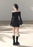 OAKMOO dress, Korean off shoulder dress, waist cinched dress women, lace detail dress, slim fit long sleeve dress, Korean feminine dress, minimalist sexy dress, OAKMOO winter dress, elegant knit dress women, off shoulder black dress, Korean aesthetic clothing