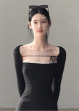 OAKMOO dress, Korean off shoulder dress, waist cinched dress women, lace detail dress, slim fit long sleeve dress, Korean feminine dress, minimalist sexy dress, OAKMOO winter dress, elegant knit dress women, off shoulder black dress, Korean aesthetic clothing
