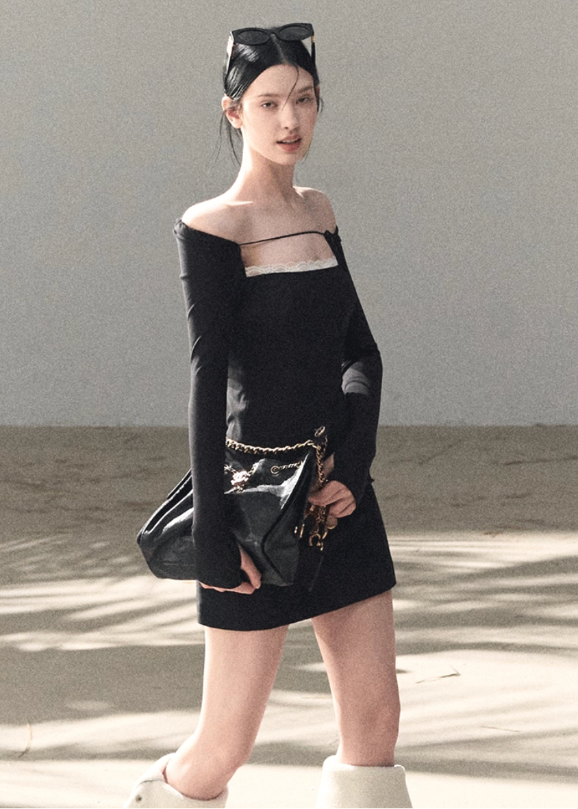OAKMOO dress, Korean off shoulder dress, waist cinched dress women, lace detail dress, slim fit long sleeve dress, Korean feminine dress, minimalist sexy dress, OAKMOO winter dress, elegant knit dress women, off shoulder black dress, Korean aesthetic clothing