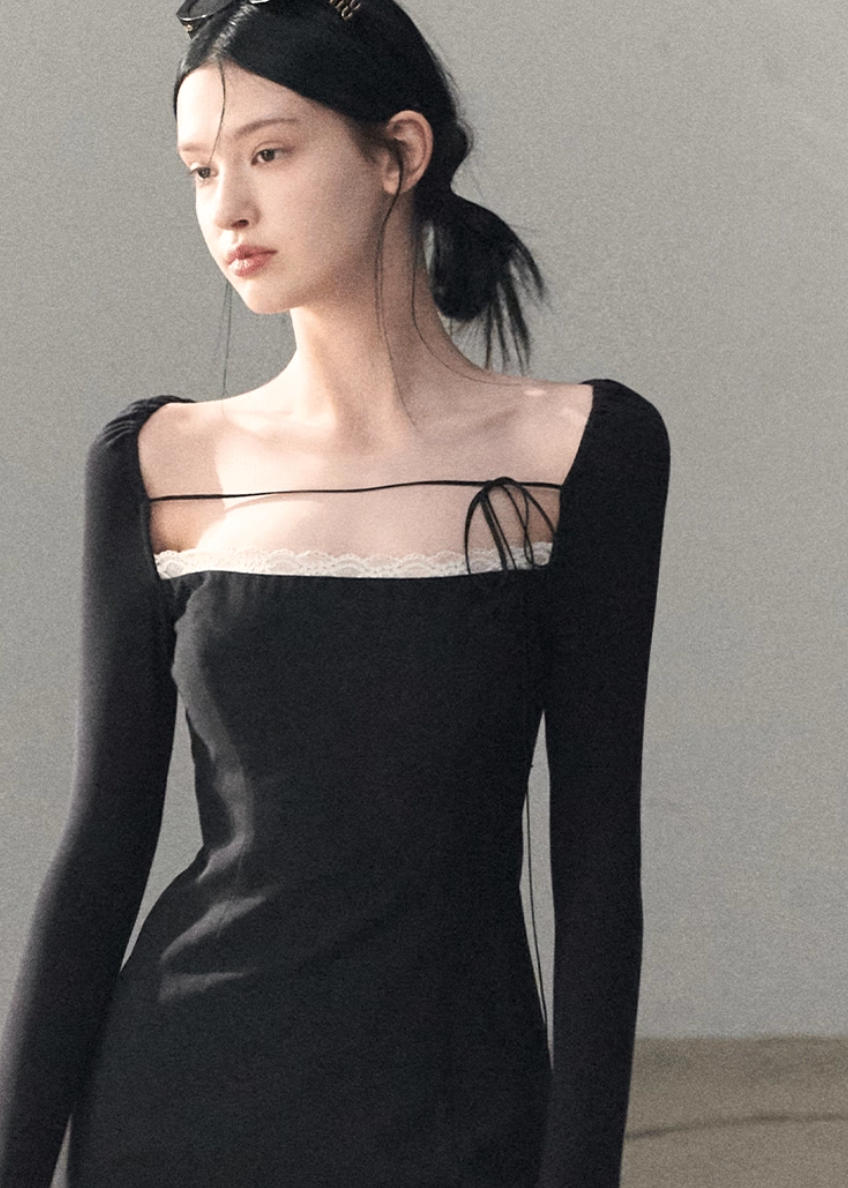 OAKMOO dress, Korean off shoulder dress, waist cinched dress women, lace detail dress, slim fit long sleeve dress, Korean feminine dress, minimalist sexy dress, OAKMOO winter dress, elegant knit dress women, off shoulder black dress, Korean aesthetic clothing