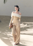OAKMOO two piece set, Korean one shoulder top, off shoulder top women, wide leg pants set, Korean minimal outfit, spring two piece set women, asymmetric top Korean style, OAKMOO spring wear, elegant casual set women, Korean chic outfit, loose wide leg pants women, modern feminine set