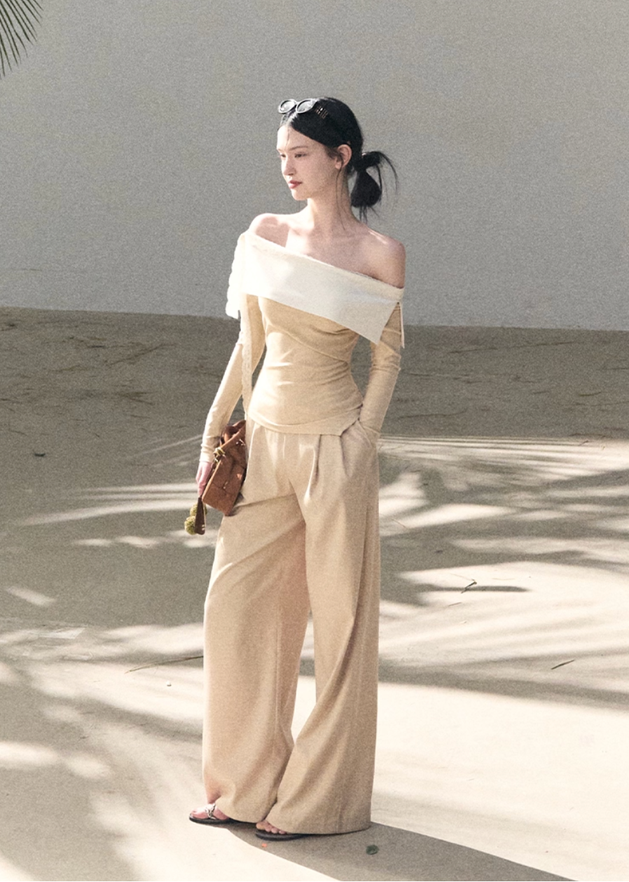 OAKMOO two piece set, Korean one shoulder top, off shoulder top women, wide leg pants set, Korean minimal outfit, spring two piece set women, asymmetric top Korean style, OAKMOO spring wear, elegant casual set women, Korean chic outfit, loose wide leg pants women, modern feminine set