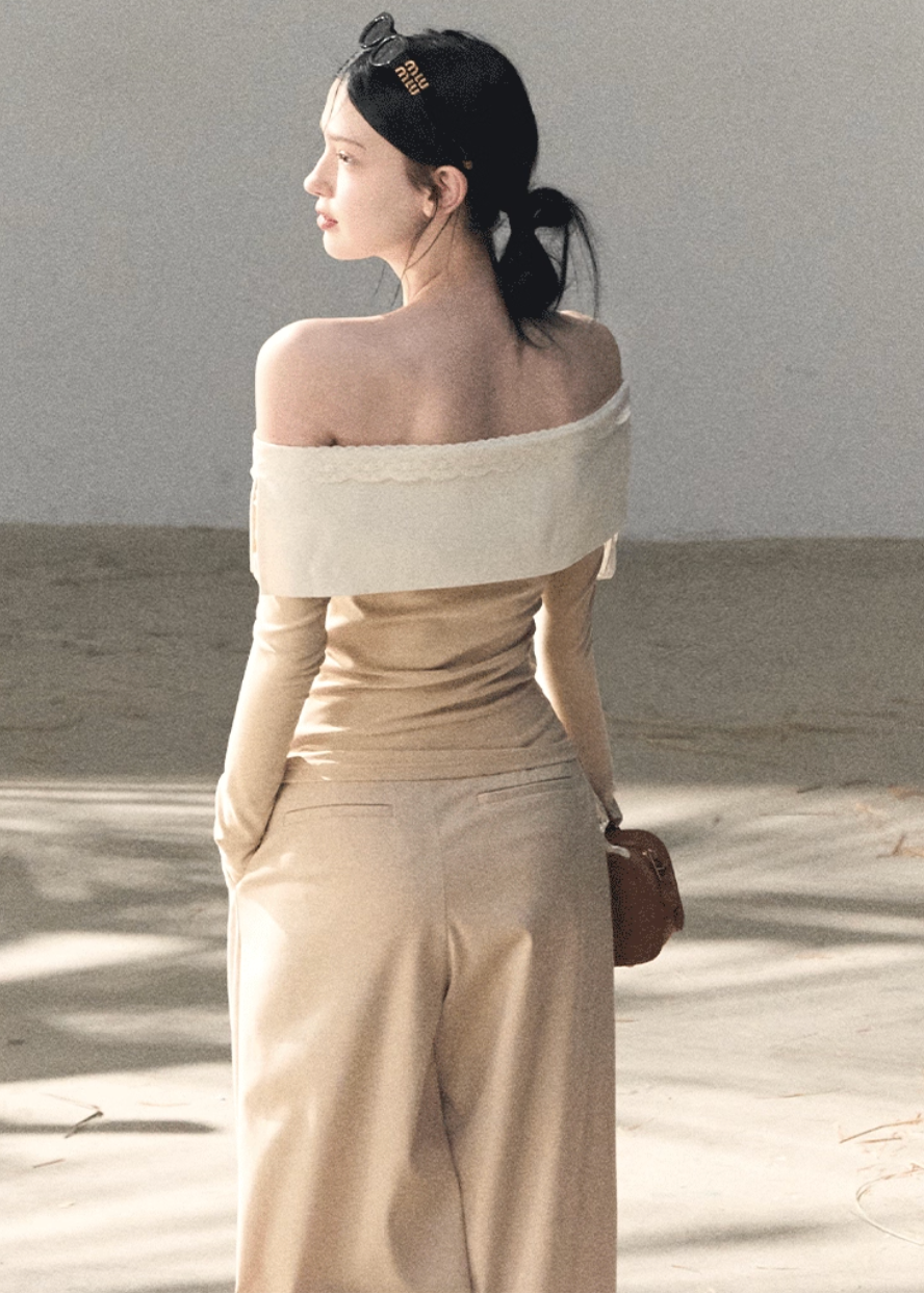OAKMOO two piece set, Korean one shoulder top, off shoulder top women, wide leg pants set, Korean minimal outfit, spring two piece set women, asymmetric top Korean style, OAKMOO spring wear, elegant casual set women, Korean chic outfit, loose wide leg pants women, modern feminine set