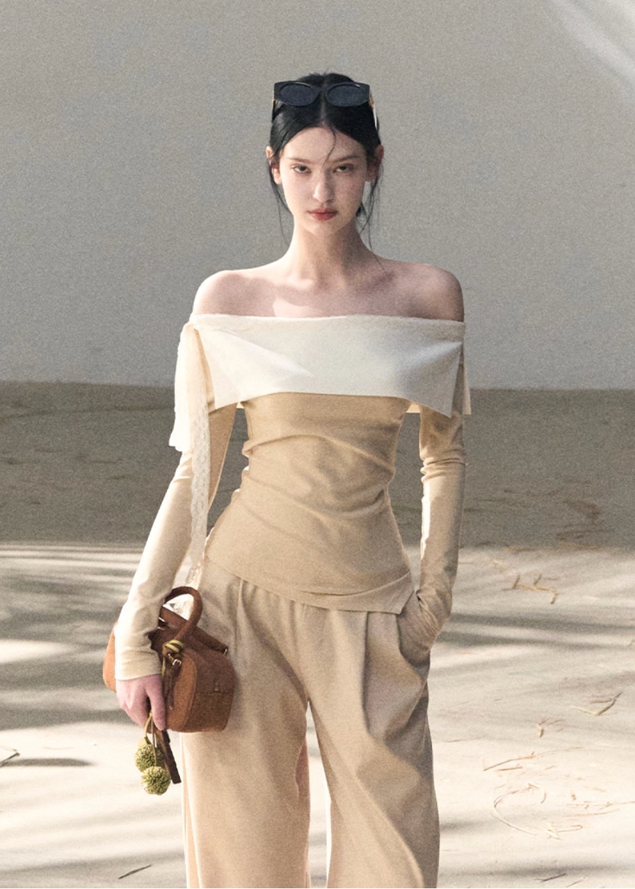 OAKMOO two piece set, Korean one shoulder top, off shoulder top women, wide leg pants set, Korean minimal outfit, spring two piece set women, asymmetric top Korean style, OAKMOO spring wear, elegant casual set women, Korean chic outfit, loose wide leg pants women, modern feminine set