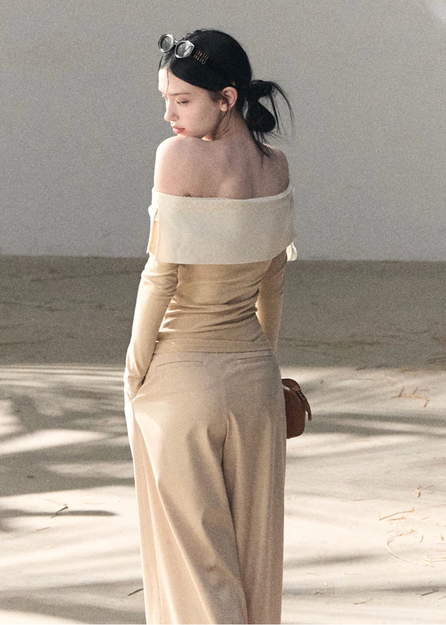 OAKMOO two piece set, Korean one shoulder top, off shoulder top women, wide leg pants set, Korean minimal outfit, spring two piece set women, asymmetric top Korean style, OAKMOO spring wear, elegant casual set women, Korean chic outfit, loose wide leg pants women, modern feminine set