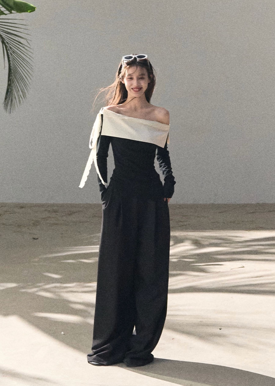 OAKMOO two piece set, Korean one shoulder top, off shoulder top women, wide leg pants set, Korean minimal outfit, spring two piece set women, asymmetric top Korean style, OAKMOO spring wear, elegant casual set women, Korean chic outfit, loose wide leg pants women, modern feminine set