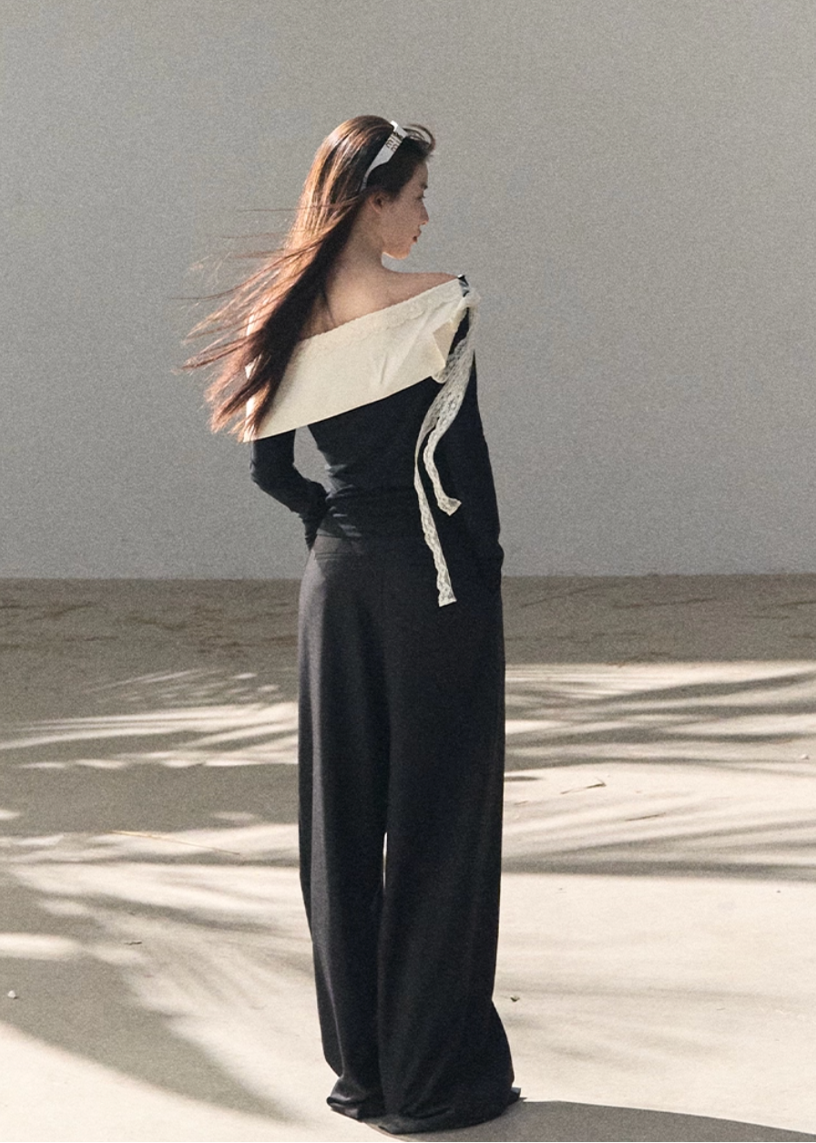 OAKMOO two piece set, Korean one shoulder top, off shoulder top women, wide leg pants set, Korean minimal outfit, spring two piece set women, asymmetric top Korean style, OAKMOO spring wear, elegant casual set women, Korean chic outfit, loose wide leg pants women, modern feminine set