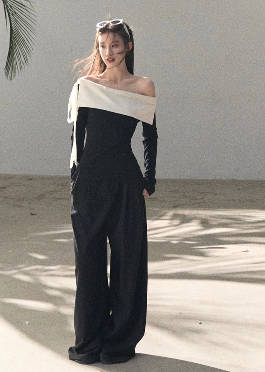 OAKMOO two piece set, Korean one shoulder top, off shoulder top women, wide leg pants set, Korean minimal outfit, spring two piece set women, asymmetric top Korean style, OAKMOO spring wear, elegant casual set women, Korean chic outfit, loose wide leg pants women, modern feminine set