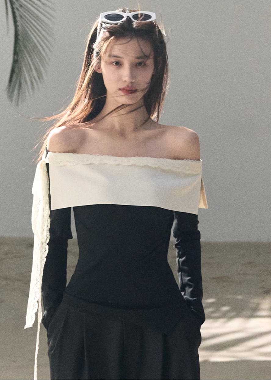 OAKMOO two piece set, Korean one shoulder top, off shoulder top women, wide leg pants set, Korean minimal outfit, spring two piece set women, asymmetric top Korean style, OAKMOO spring wear, elegant casual set women, Korean chic outfit, loose wide leg pants women, modern feminine set