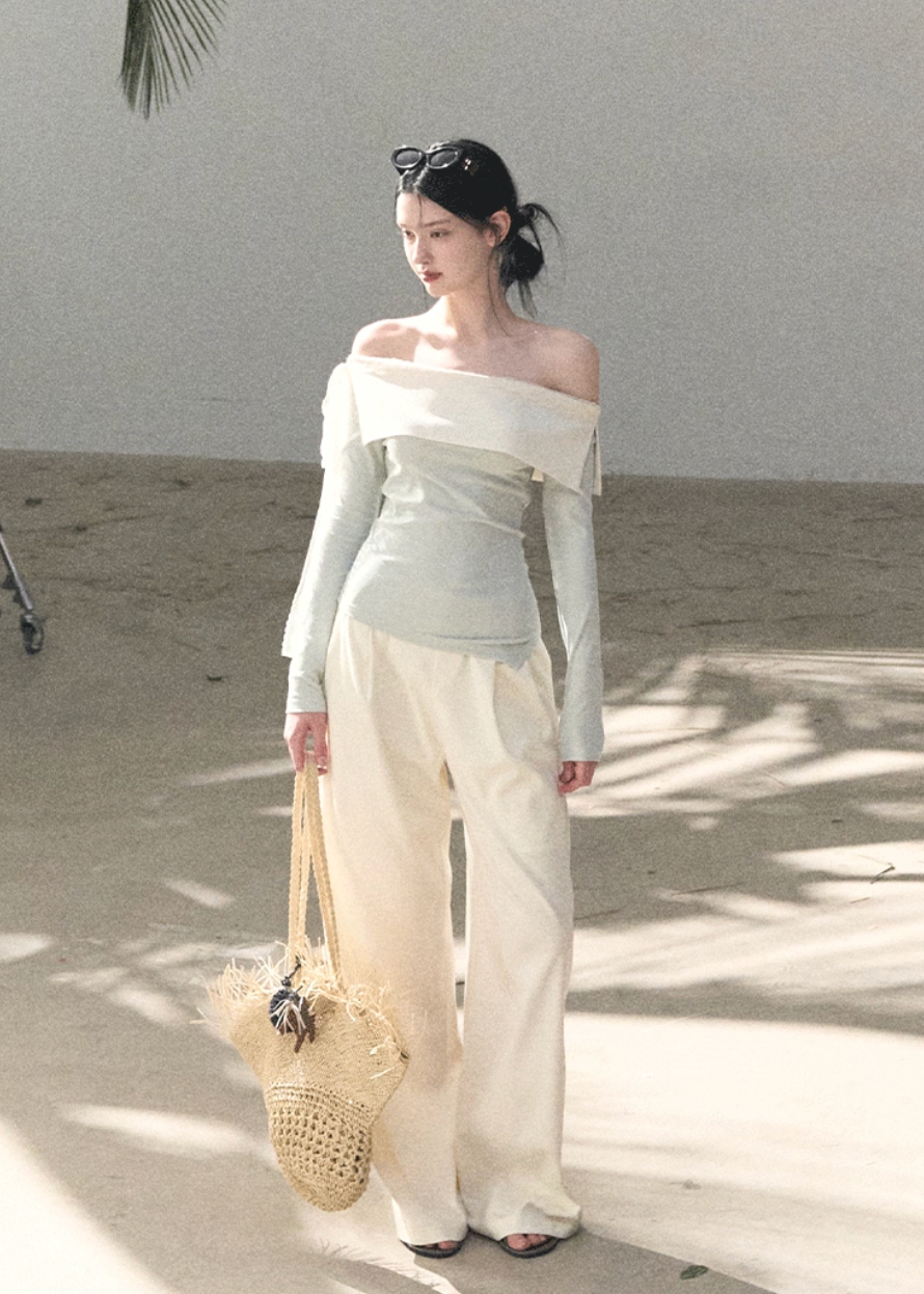 OAKMOO two piece set, Korean one shoulder top, off shoulder top women, wide leg pants set, Korean minimal outfit, spring two piece set women, asymmetric top Korean style, OAKMOO spring wear, elegant casual set women, Korean chic outfit, loose wide leg pants women, modern feminine set