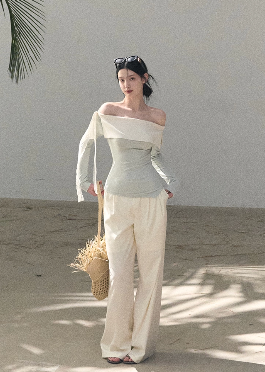 OAKMOO two piece set, Korean one shoulder top, off shoulder top women, wide leg pants set, Korean minimal outfit, spring two piece set women, asymmetric top Korean style, OAKMOO spring wear, elegant casual set women, Korean chic outfit, loose wide leg pants women, modern feminine set