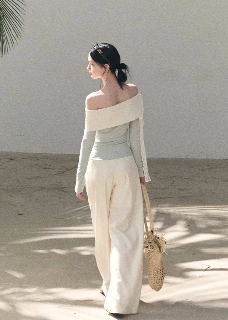 OAKMOO two piece set, Korean one shoulder top, off shoulder top women, wide leg pants set, Korean minimal outfit, spring two piece set women, asymmetric top Korean style, OAKMOO spring wear, elegant casual set women, Korean chic outfit, loose wide leg pants women, modern feminine set
