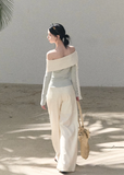 OAKMOO two piece set, Korean one shoulder top, off shoulder top women, wide leg pants set, Korean minimal outfit, spring two piece set women, asymmetric top Korean style, OAKMOO spring wear, elegant casual set women, Korean chic outfit, loose wide leg pants women, modern feminine set