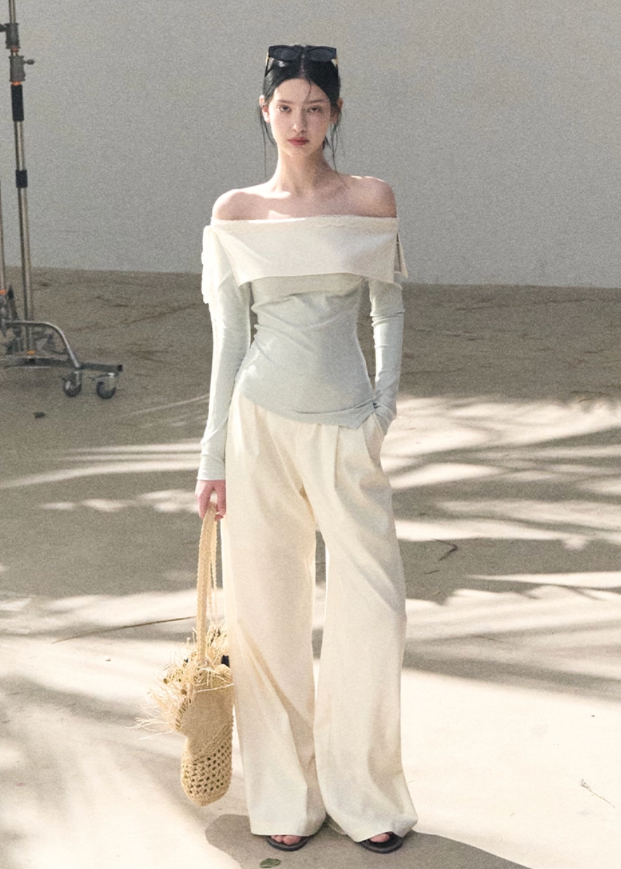 OAKMOO two piece set, Korean one shoulder top, off shoulder top women, wide leg pants set, Korean minimal outfit, spring two piece set women, asymmetric top Korean style, OAKMOO spring wear, elegant casual set women, Korean chic outfit, loose wide leg pants women, modern feminine set