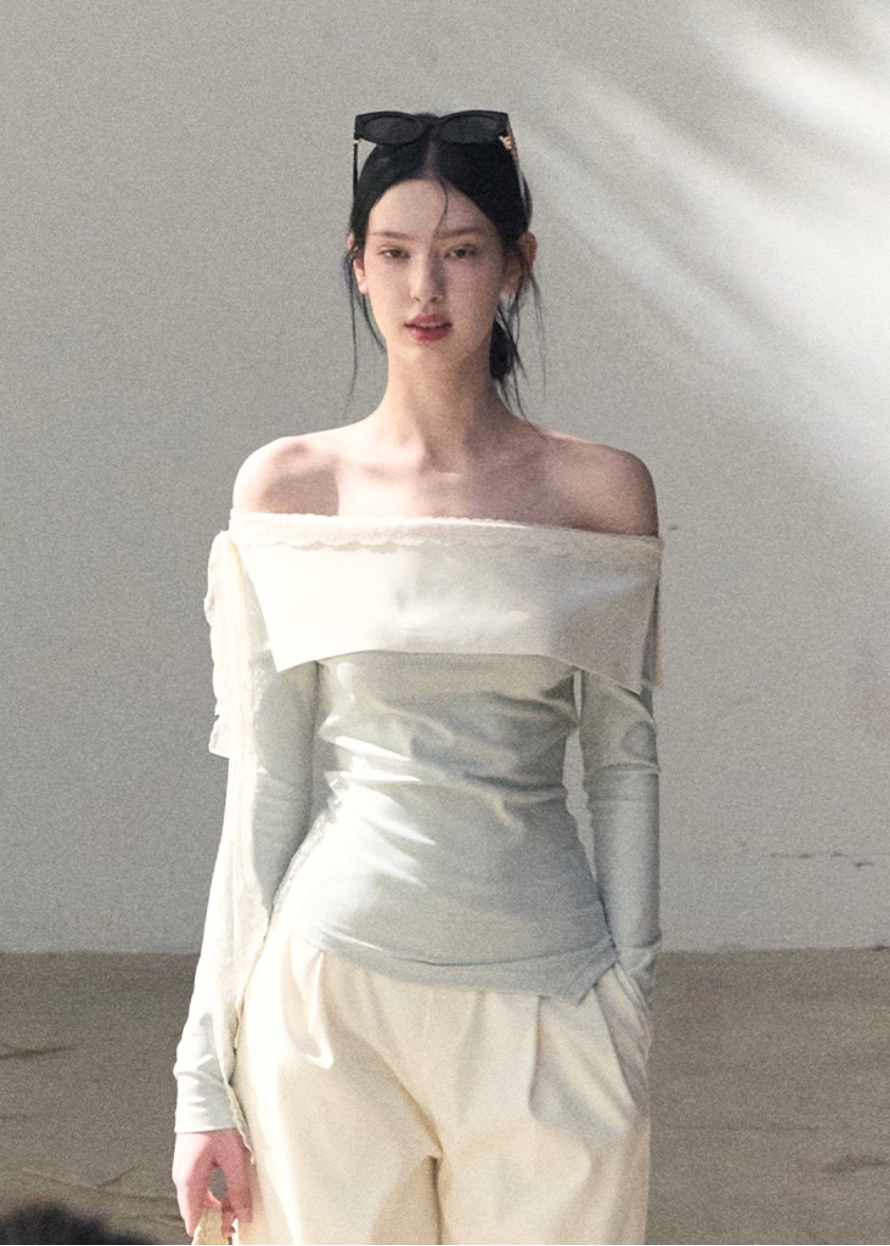 OAKMOO two piece set, Korean one shoulder top, off shoulder top women, wide leg pants set, Korean minimal outfit, spring two piece set women, asymmetric top Korean style, OAKMOO spring wear, elegant casual set women, Korean chic outfit, loose wide leg pants women, modern feminine set
