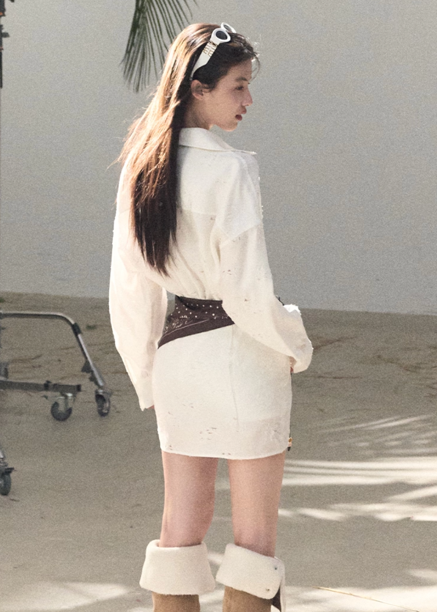 OAKMOO shirt dress, Korean spring dress women, silk scarf waist dress, jacquard waist dress, long sleeve shirt dress, minimalist Korean fashion, elegant short dress women, spring shirt dress Korean style, OAKMOO women clothing, soft feminine dress, coastal style dress women, adjustable waist dress