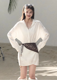 OAKMOO shirt dress, Korean spring dress women, silk scarf waist dress, jacquard waist dress, long sleeve shirt dress, minimalist Korean fashion, elegant short dress women, spring shirt dress Korean style, OAKMOO women clothing, soft feminine dress, coastal style dress women, adjustable waist dress