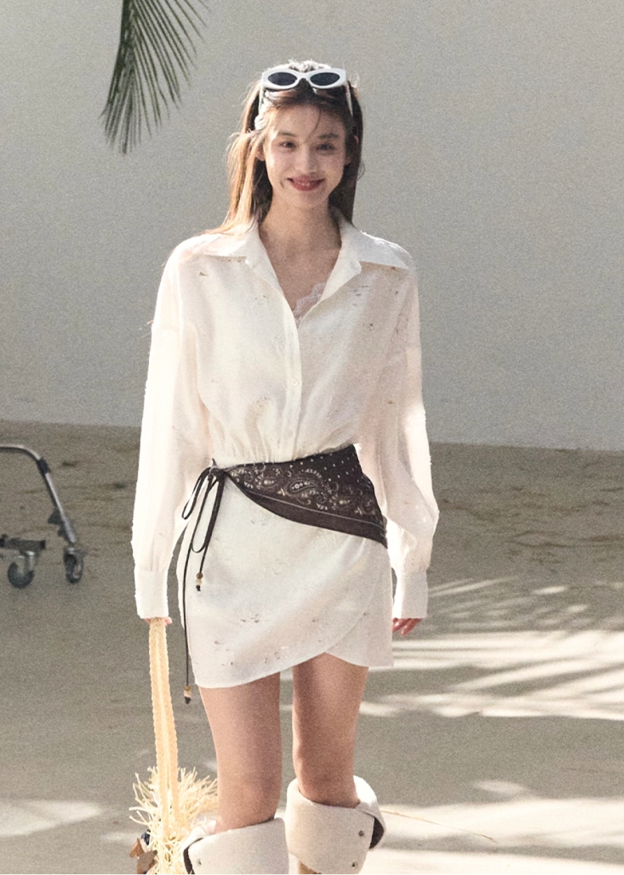 OAKMOO shirt dress, Korean spring dress women, silk scarf waist dress, jacquard waist dress, long sleeve shirt dress, minimalist Korean fashion, elegant short dress women, spring shirt dress Korean style, OAKMOO women clothing, soft feminine dress, coastal style dress women, adjustable waist dress