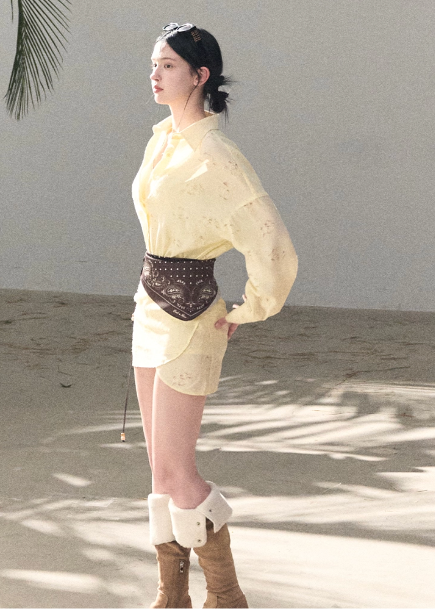 OAKMOO shirt dress, Korean spring dress women, silk scarf waist dress, jacquard waist dress, long sleeve shirt dress, minimalist Korean fashion, elegant short dress women, spring shirt dress Korean style, OAKMOO women clothing, soft feminine dress, coastal style dress women, adjustable waist dress