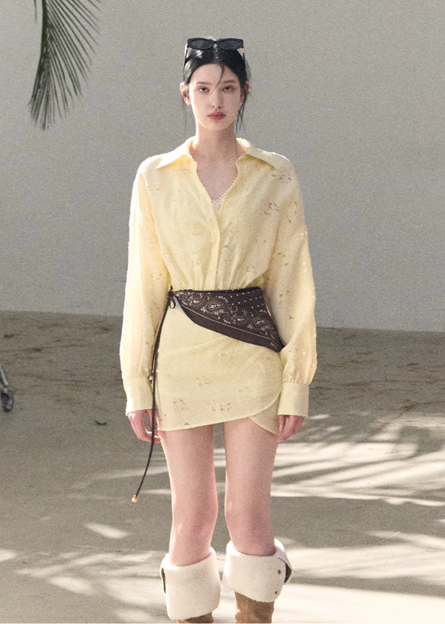 OAKMOO shirt dress, Korean spring dress women, silk scarf waist dress, jacquard waist dress, long sleeve shirt dress, minimalist Korean fashion, elegant short dress women, spring shirt dress Korean style, OAKMOO women clothing, soft feminine dress, coastal style dress women, adjustable waist dress