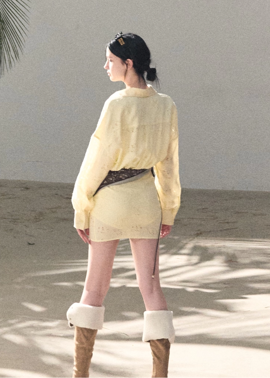 OAKMOO shirt dress, Korean spring dress women, silk scarf waist dress, jacquard waist dress, long sleeve shirt dress, minimalist Korean fashion, elegant short dress women, spring shirt dress Korean style, OAKMOO women clothing, soft feminine dress, coastal style dress women, adjustable waist dress