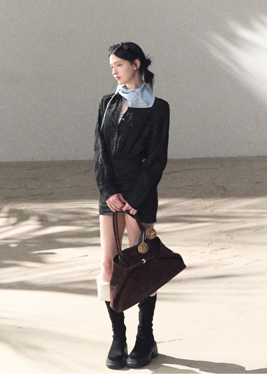 OAKMOO shirt dress, Korean spring dress women, silk scarf waist dress, jacquard waist dress, long sleeve shirt dress, minimalist Korean fashion, elegant short dress women, spring shirt dress Korean style, OAKMOO women clothing, soft feminine dress, coastal style dress women, adjustable waist dress