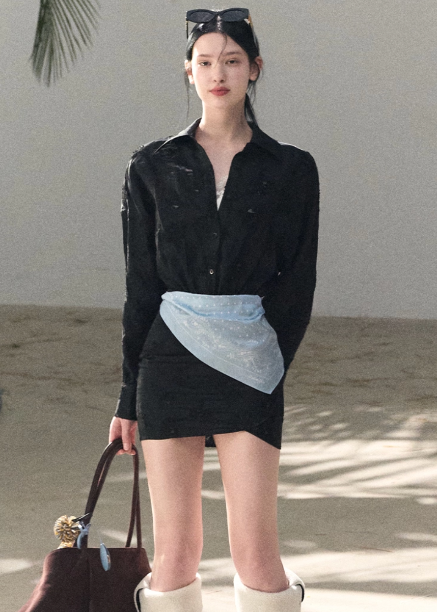 OAKMOO shirt dress, Korean spring dress women, silk scarf waist dress, jacquard waist dress, long sleeve shirt dress, minimalist Korean fashion, elegant short dress women, spring shirt dress Korean style, OAKMOO women clothing, soft feminine dress, coastal style dress women, adjustable waist dress