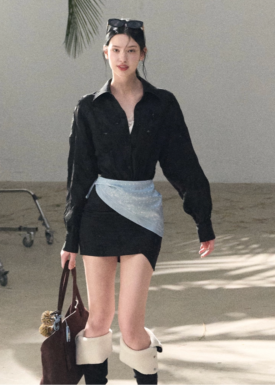 OAKMOO shirt dress, Korean spring dress women, silk scarf waist dress, jacquard waist dress, long sleeve shirt dress, minimalist Korean fashion, elegant short dress women, spring shirt dress Korean style, OAKMOO women clothing, soft feminine dress, coastal style dress women, adjustable waist dress