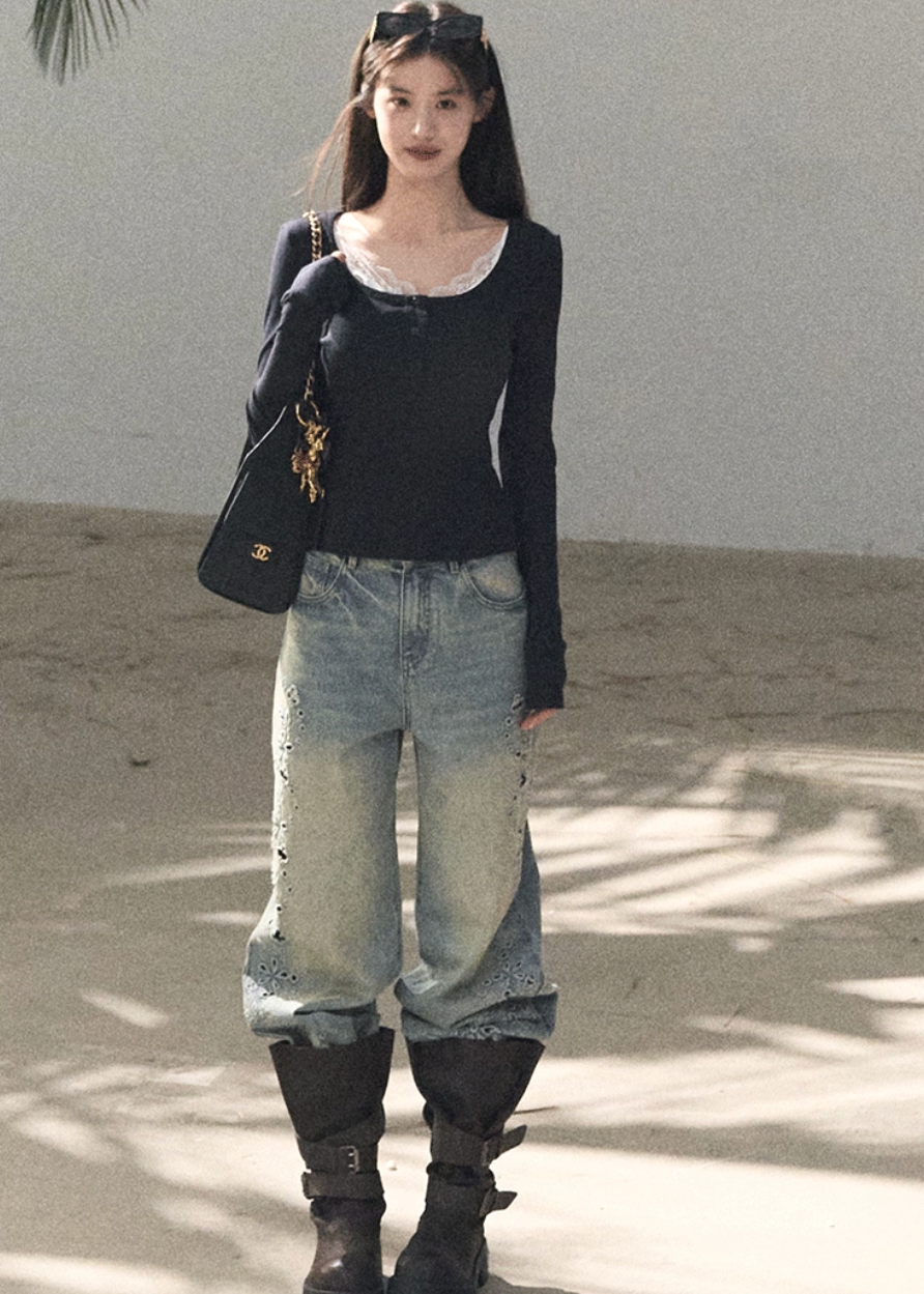 OAKMOO jeans, Korean embroidered denim, laser cut jeans women, floral perforated denim, vintage wash jeans women, loose fit jeans Korean style, spring denim women, luxury embroidered jeans, wide leg denim women, OAKMOO spring collection, feminine denim pants, old style jeans women