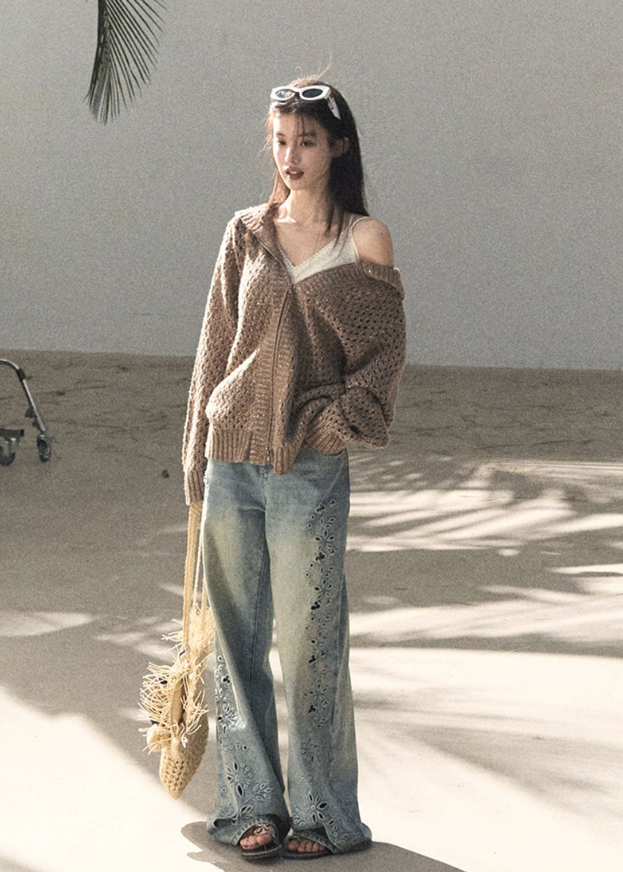 OAKMOO jeans, Korean embroidered denim, laser cut jeans women, floral perforated denim, vintage wash jeans women, loose fit jeans Korean style, spring denim women, luxury embroidered jeans, wide leg denim women, OAKMOO spring collection, feminine denim pants, old style jeans women
