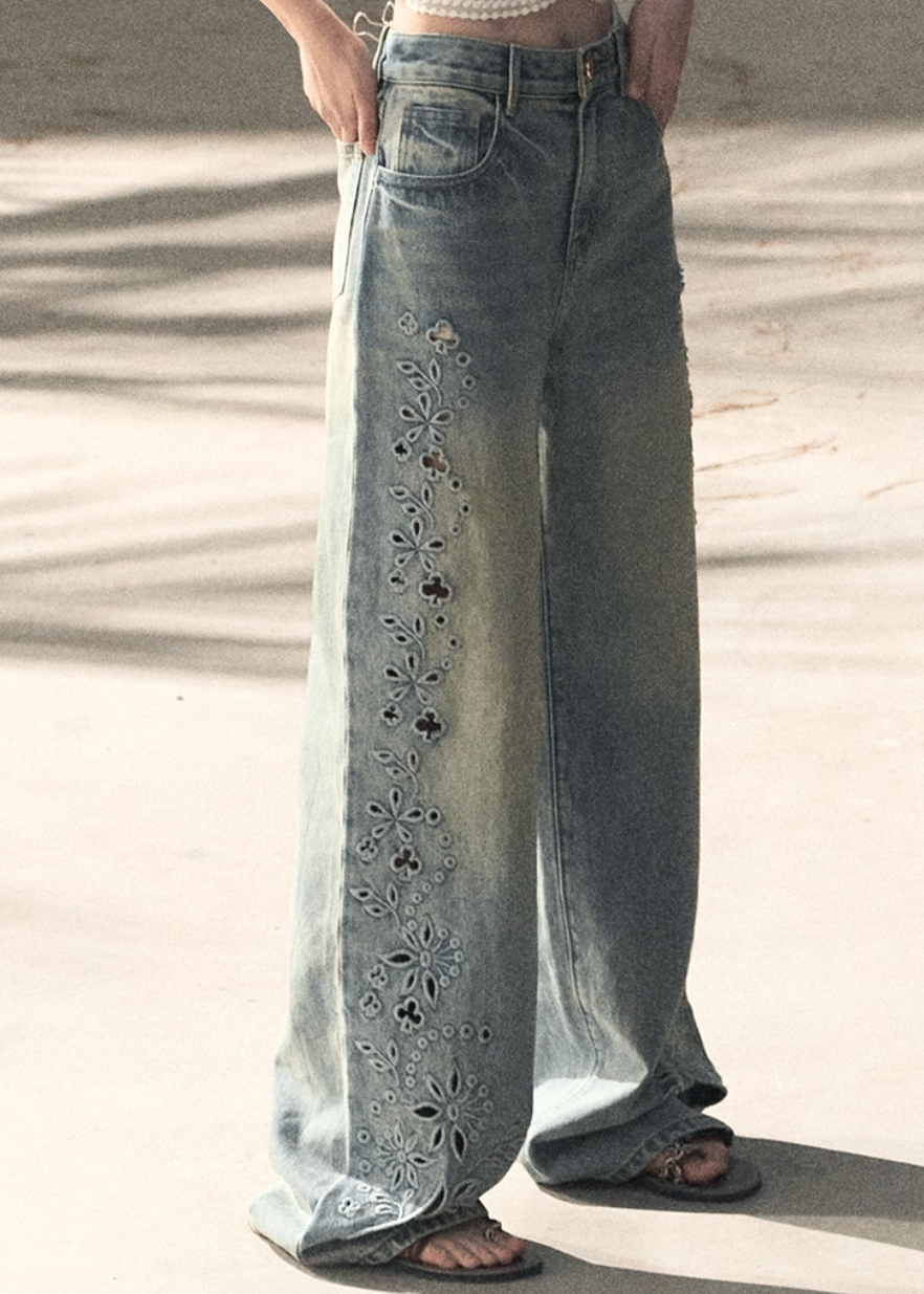 OAKMOO jeans, Korean embroidered denim, laser cut jeans women, floral perforated denim, vintage wash jeans women, loose fit jeans Korean style, spring denim women, luxury embroidered jeans, wide leg denim women, OAKMOO spring collection, feminine denim pants, old style jeans women