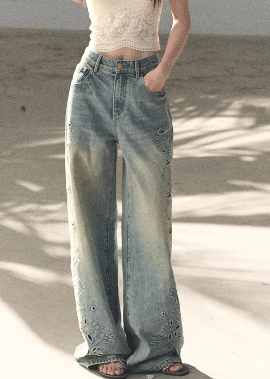 OAKMOO jeans, Korean embroidered denim, laser cut jeans women, floral perforated denim, vintage wash jeans women, loose fit jeans Korean style, spring denim women, luxury embroidered jeans, wide leg denim women, OAKMOO spring collection, feminine denim pants, old style jeans women