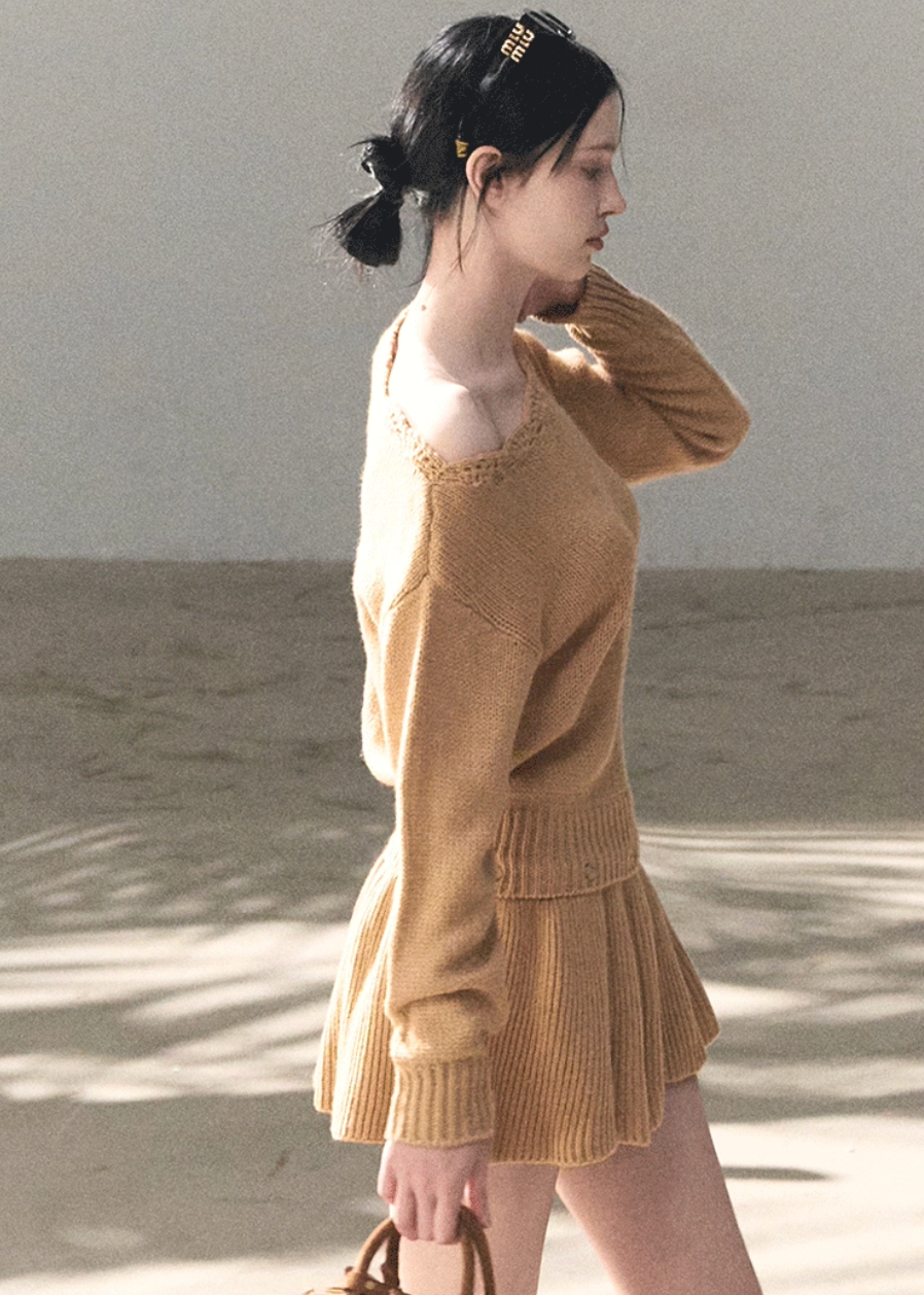 OAKMOO knit dress, Korean one shoulder dress, off shoulder knit dress, spring knit dress women, wool blend short dress, Korean chic dress, asymmetric neckline dress, OAKMOO spring collection, minimalist knit dress, feminine short dress, Korean style knitwear, elegant casual dress women