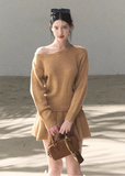 OAKMOO knit dress, Korean one shoulder dress, off shoulder knit dress, spring knit dress women, wool blend short dress, Korean chic dress, asymmetric neckline dress, OAKMOO spring collection, minimalist knit dress, feminine short dress, Korean style knitwear, elegant casual dress women