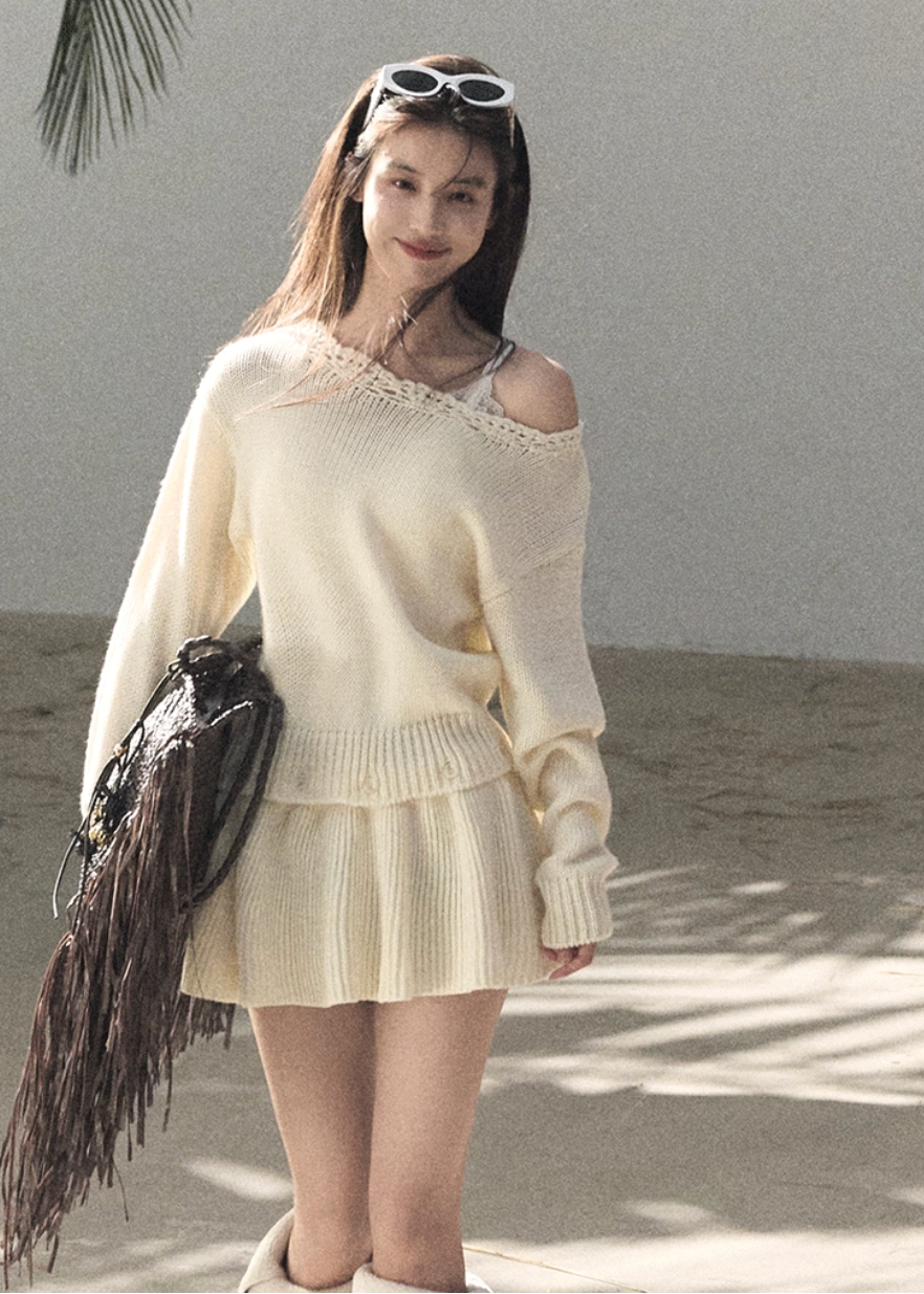 OAKMOO knit dress, Korean one shoulder dress, off shoulder knit dress, spring knit dress women, wool blend short dress, Korean chic dress, asymmetric neckline dress, OAKMOO spring collection, minimalist knit dress, feminine short dress, Korean style knitwear, elegant casual dress women
