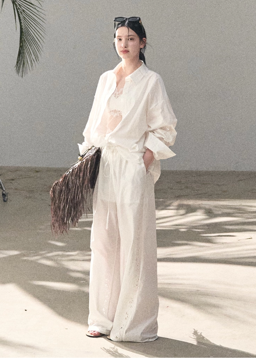 embroidered cotton set, shirt pants set women, korean summer set, lightweight cotton outfit, two piece cotton set, embroidered shirt women, relaxed fit pants set, modern feminine set, breathable cotton wear, minimal summer outfit, elegant casual set, women resort style, premium cotton set, versatile two piece outfit, oakmoo style set