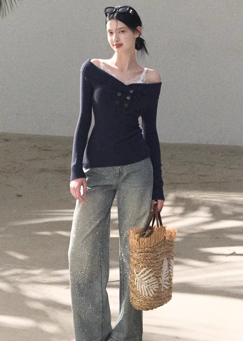 asymmetric knit top, one shoulder sweater women, slim fit knit top, korean minimal sweater, long sleeve knit women, modern feminine knit, slanted shoulder top, spring knitwear women, versatile knit top, premium knit sweater, body fit knit, chic layering top, minimalist women sweater, oakmoo knit style, elegant casual knit