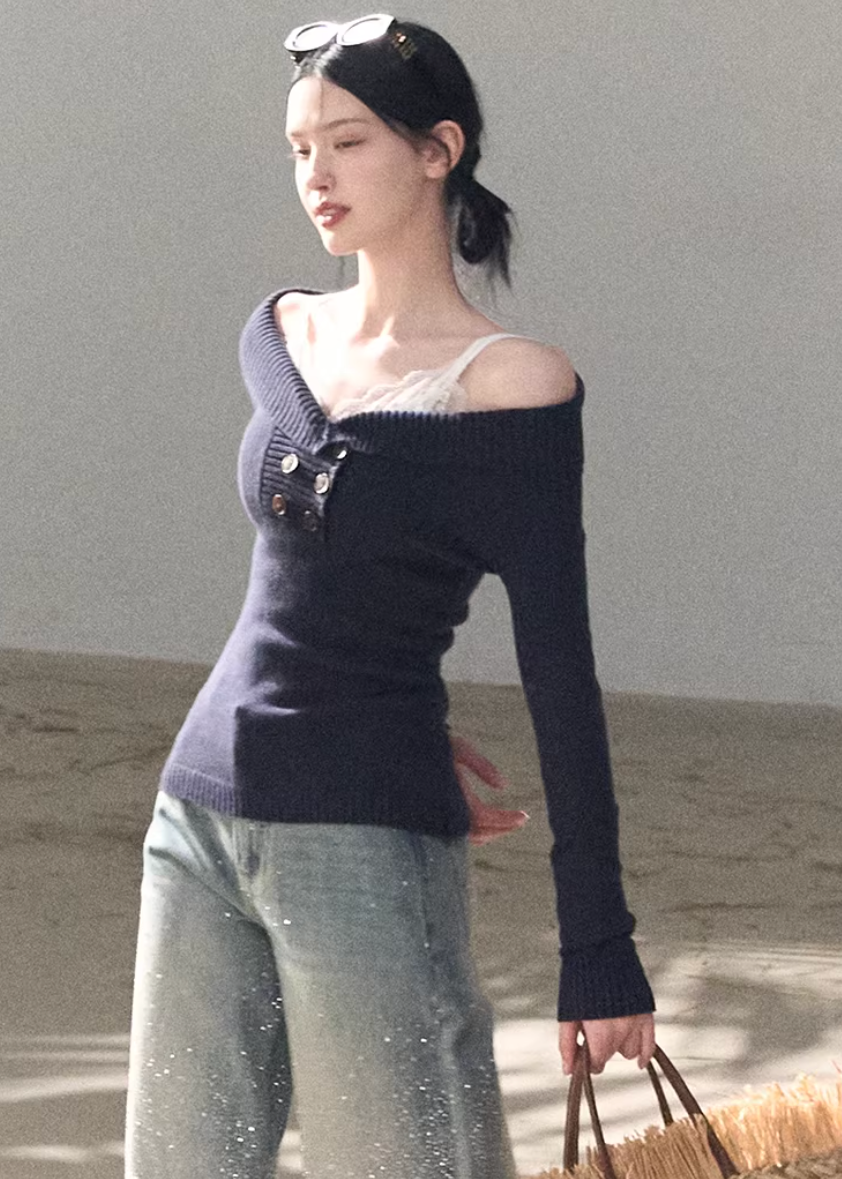 asymmetric knit top, one shoulder sweater women, slim fit knit top, korean minimal sweater, long sleeve knit women, modern feminine knit, slanted shoulder top, spring knitwear women, versatile knit top, premium knit sweater, body fit knit, chic layering top, minimalist women sweater, oakmoo knit style, elegant casual knit