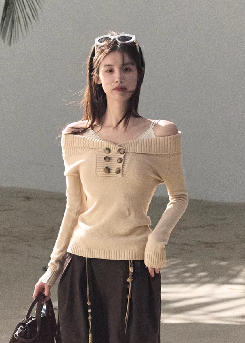 asymmetric knit top, one shoulder sweater women, slim fit knit top, korean minimal sweater, long sleeve knit women, modern feminine knit, slanted shoulder top, spring knitwear women, versatile knit top, premium knit sweater, body fit knit, chic layering top, minimalist women sweater, oakmoo knit style, elegant casual knit