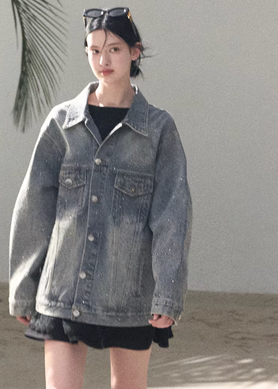 denim work jacket women, crystal denim jacket, embellished denim outerwear, korean utility jacket, mid length denim jacket, heavyweight denim jacket, modern women denim, casual chic denim jacket, premium denim outerwear, relaxed fit denim jacket, subtle sparkle jacket, everyday denim layer, structured denim jacket, oakmoo denim style, contemporary women jacket